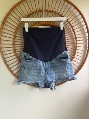 Pinkblush Light Wash Denim Maternity Shorts with Navy Panel